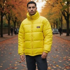 Vintage Match 1 Yellow Puffer Jacket Full Zip Collared Winter Size‎ L NEW